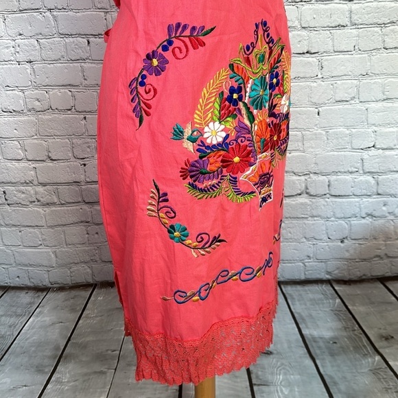 Mexican Embroidered Coral Floral Caftan Shift Oaxacan Peasant Boho Dress XL NWOT - Picture 12 of 16